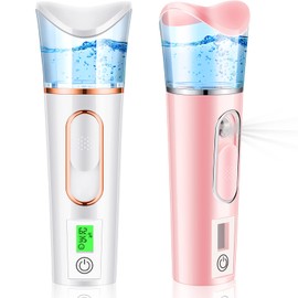 2 Pieces Handy Nano Mist Sprayer with Skin Analyzer Moisture Tester Portable Nano Facial Mister Small Face Steamer Handheld Atomization Eyelash Extensions USB Rechargeable for Skin Care, White, Pink