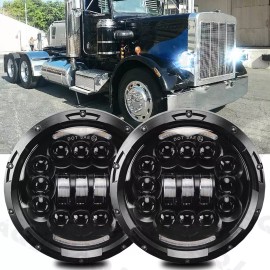 AQJ For Peterbilt 379 359 Truck 7" Inch Round Headlights Hi-Low Beam/DRL Turn Pair