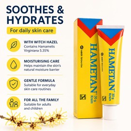 Hametan Cream 30g with Hamamelis Virginiana (Witch Hazel) 5.35% for Gentle Skin Care and Moisture Support, Yellow