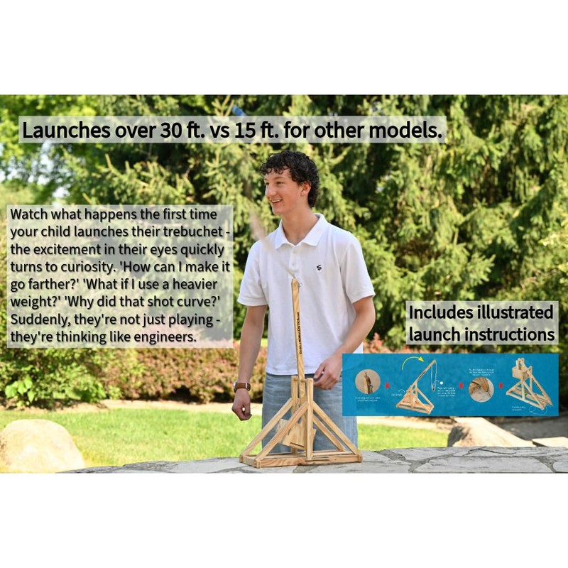 Wood Trebuchet kit for 12 and up, Fully Adjustable, launches