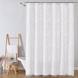 OWENIE - Cortina de ducha extralarga, estilo bohemio, color blanco, elegante chevron a rayas texturizadas, cortinas de ducha de tela con borla para el baño, casa de campo suave estilo hotel, lavable a