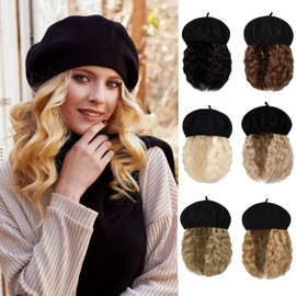 AynnQueen Beret with Hair Extensions for Women Hat with Kinky Curly Synthetic Wig Attached 8 inch Long Curly Hair Black Beret (Ginger Blonde Mix Bleach Blonde)