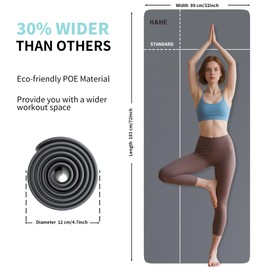HAHE Extra Wide Yoga Mat Non Slip, (72"L X 32"W, 0.24" Thick) Large Fitness Exercise Mat with Carrying Strap, Eco-Friendly POE Yoga Mats for Home, Gym, Pilates, Stretching (Gray & Black)