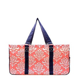 Damask Floral All Purpose Large Utility Bag Collapsible Wire Frame Pink Coral