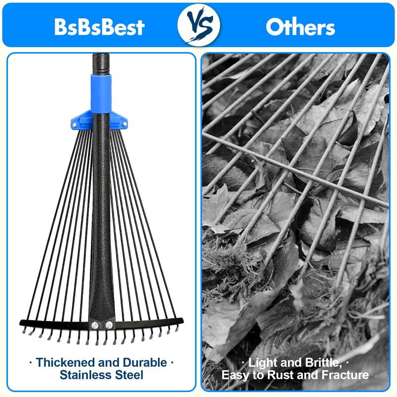 BsBsBest 75" Rake for Leaves with 18 Metal Tines 10-18"