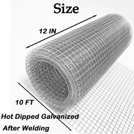 12IN x 10FT Hardware Cloth 1/4 inch Chicken Wire Fencing 23Ga, Hot Dipped Galvanized After Welding Garden Plant Supports Welded Metal Chicken Wire Fence, Poultry Animal Netting Cage Screen