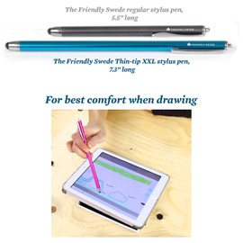 The Friendly Swede Set of 3 Extra Long Thin-Tip High Precision Capacitive Stylus Pens For Touch Screens 7.3" - Incl. Elastic Lanyards, 3 Replaceable Tips and Cleaning Cloth - Hot Pink/Purple/Aqua Blue