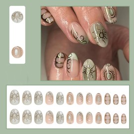 NEWSPIED Almond Press on Nails Short Oval False Nails Glitter Green Glossy Full Cover Glue on Nails Chrome Gold Line Sun Designs French Fake Nails Handmade Acrylic Nails for Women and Girls 24Pcs