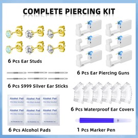 TKKUY 31 Pcs Ear Piercing Kit Ear Disposable Piercing Gun Kit 6 Pcs Self Piercing Gun with Cubic Zirconia Earrings Opal Ear Stud with S999 Silver Ear Sticks Ear Covers Piercer Kit Tool Gold