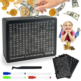 Lukinuo Cash Saver Box Wooden Money Saving Box Black One Piece Cash Vault with 10000 5000 3000 2000 1000 500 Money Saving Target Wooden Cash Vault with Counter Reusable Money Box for Boys Girls