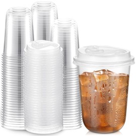 Baderke 100 Sets 16oz Disposable Crystal Clear Plastic Cups With Lids, Round Bottom Iced Coffee Cups With Lid for Smoothie, Cold Beverages, Drinking Tumblers, Cold Drinks for Party, Wedding, Event