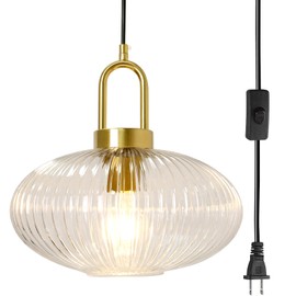 Soutas Plug in Glass Pendant Light Fixtures Mid Cenytury Modern Chandelier Hanging lamp with Oval Glass Shade, Gold Hanging Lights for Living Room Bedroom