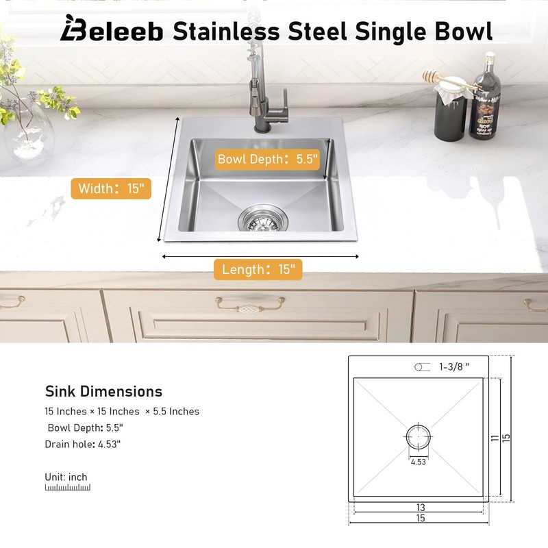 Beleeb 15 Inch Drop In Bar Sink，18-Gauge Small Kitchen Sink