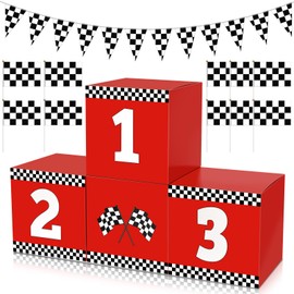 Anglekai 4+11PCS Racing Car Party Boxes, Checkered Boxes for Party with 10PCS Flags and Sticks/ 9.8 FT Hanging Checkered Flag for Car Birthday Decorations(11.8 x 11.8 x 11.8 in)