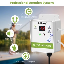 briidea New Generation, Aerator for Bait Bucket, 12 Volt Livewell Aerator Pump System with Pump Timing Cycle Function, Dual Outlet & Dual Air Pumps, Boosts Power & Extends Live Bait Freshness