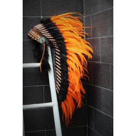 Native American Inspired Headdress - Handcrafted with Genuine Feathers and Beads (Orange)