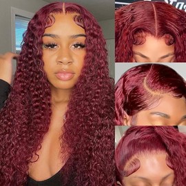 ILHILH Deep Wave 99J 13x6 HD Lace Front Wigs Human Hair Pre Plucked 200% Density Deep Curly Wig 24 Inch Wet and Wavy Human hair Burgundy Red Colored Glueless Wigs with Baby Hair for Women