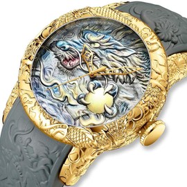 Automatic Watch for Men Fashion 3D Engraved Dragon Waterproof Big dial Sport Wristwatch (Gold Grey)