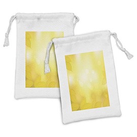 Lunarable Yellow Fabric Pouch Set of 2, Fall Inspired with Dry Autumn Leaves and Sunshine Idyllic Nature View, Small Drawstring Bag for Toiletries Masks and Favors, 9" x 6", Marigold Yellow