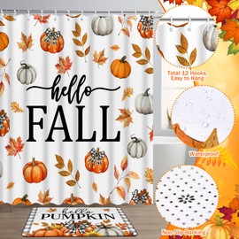 SmoothNovelty 8 Pcs Hello Fall Shower Curtain Set Fall Pumpkin Bathroom Curtain with 12 Hooks Autumn Harvest Bath Non-Slip Rugs Toilet Lid Cover Bath Waterproof Mat for Thanksgiving Bathroom Decor