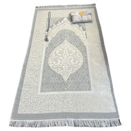 Muslim Prayer Rug and Beads with Elegant Slub Fabric Bag | Janamaz | Sajadah | Soft Islamic Prayer Rug | Islamic & Mawlid Gifts | Prayer Carpet Mat, Taffeta Fabric (Grey, 1 Sets)