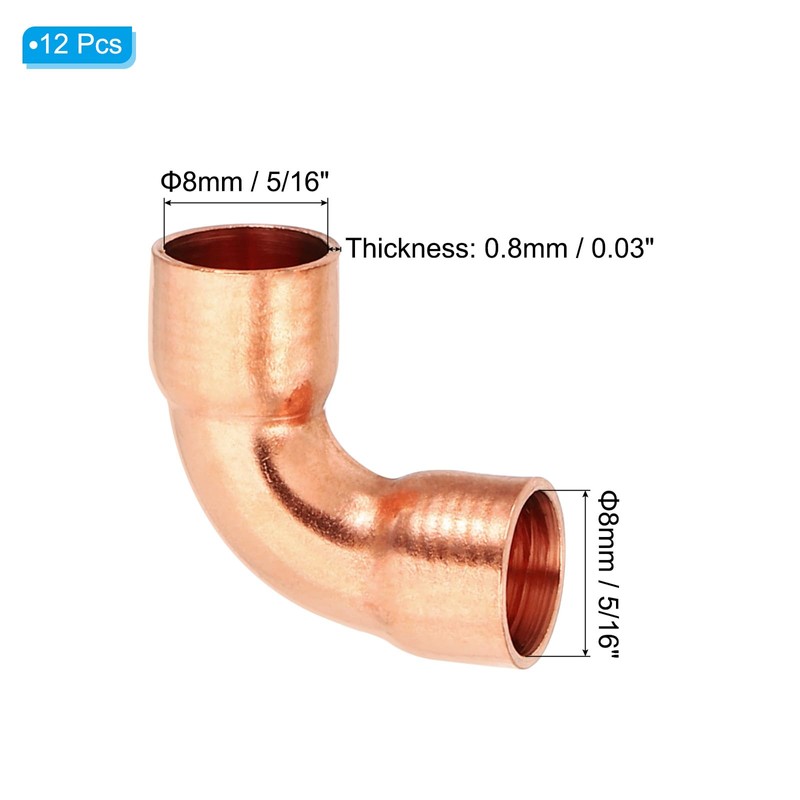 PATIKIL 5/16" ID 0.8mm Thick Elbow Copper Fitting, 12pcs 99.9%