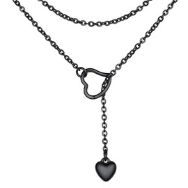 FOCALOOK Black Long Necklaces for Women Trendy Drop Heart Pendant Lariat Long Chain Elegant Y-Necklaces
