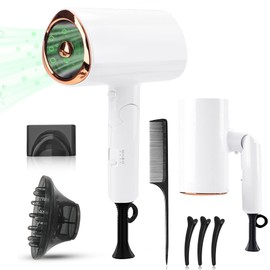 Secador de Pelo de Iónico Negativo Profesional, 1800W con 3 Temperatura Ajustable (Frío y Caliente), Secador de Soplado Plegable con Soplado y 1 Difusor para Hogar, Salón de Belleza, Viajes - Blanco