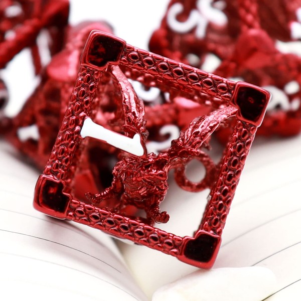 Haxtec Hollow Metal DND Dice Set 7PCs Flying Dragon Red White D&D Dice Set with Leather Dice Bag for Dungeons and Dragons TTRPG Gift