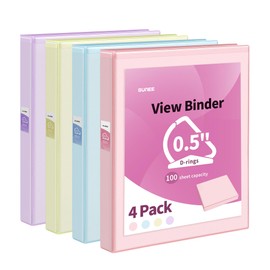 SUNEE 3 Ring Binder 0.5 Inch D Ring, Clear View Binder Three Ring PVC-Free (Fit 8.5x11 Inches) for School Binder or Office Binder Supplies, Assorted Pastel Binder, 4 Pack