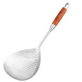 Large Slotted Spoon with Long Wooden Handle - Lyveit 16 Inch Deep Frying Scoop with Hanging Holes, 304 Stainless Steel Fryer Skimmer Spoons for Kitchen Cooking Frying Draining