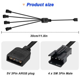 Xiatiaosann ARGB LED Splitter Cable, 5V 3Pin Addressable RGB Splitter Cable with 4 x SM 3Pin Male Connector for PC Fan Power, Computer Chassis Motherboard (1 to 4 Type, 2 Pack)