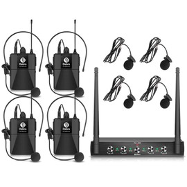 Debra Audio Pro UHF 4 Channel Wireless Microphone System with Cordless Handheld Lavalier Headset Mics, Metal Receiver, Ideal for Karaoke Church Party (with 4 Bodypack (A))