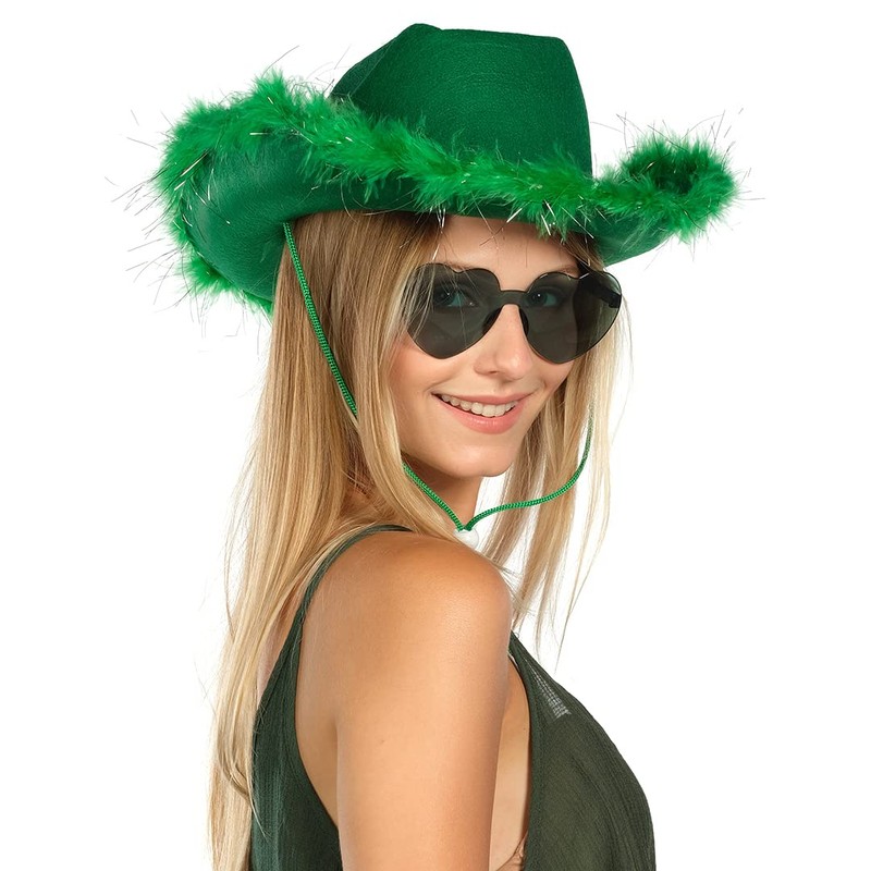 Funcredible Green Cowboy Hat and Glasses – Fluffy Cowgirl Hat