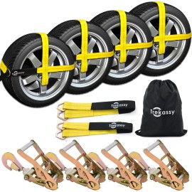 trekassy 4 Pack Axle Straps Car Hauler Trailer Auto Tie Down Ratchet Tire Straps Tow Kit