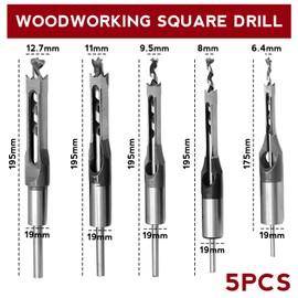 Bordeag 5 Pieces Square Hole Drill Bit Square Mortising Drill Bit Square Hole Drill Bit Set Wood Square Drill Bits Drilling Tools for Woodworking 6.4mm/8mm/9.5mm/11mm/12.7mm
