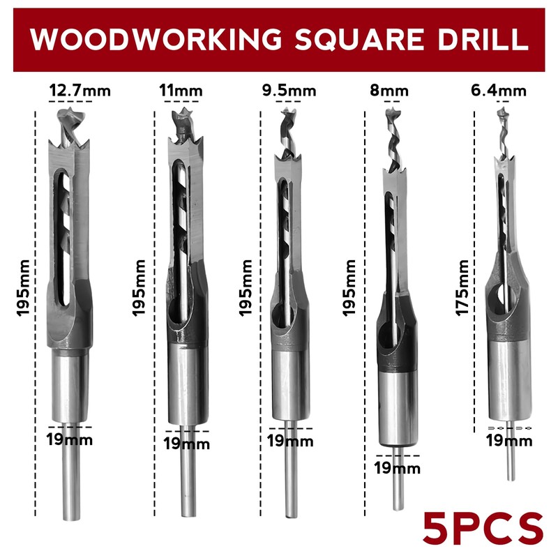 Bordeag 5 Pieces Square Hole Drill Bit Square Mortising Drill