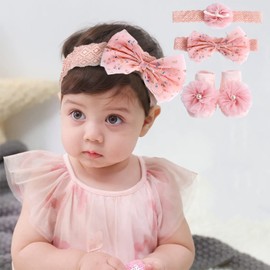 Juego de 3 Piezas Diademas y Calcetines para Bebe, Diademas de Moños para Niñas, Calcetines niña, Banditas para Bebe Niña, Calcetines Diadema de Lazos para Bebé Recién Nacido, Regalo para Niñas