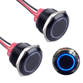 DMWD 2Pcs 22mm Metal Latching Push Button Switch Waterproof 7Amp 12V-24V ON-Off 1NO Black Shell with Cable for 7/8" Mounting Hole (Self-Locking Blue LED)