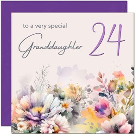 24th Granddaughter Birthday Card - Purple Floral Granddaughters Birthday Card for 24 Year old twenty four, twenty fourth