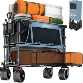 400L Large Capacity Folding Double Decker Wagon with Brakes, 50" Extra Long Extender Cart, 500lbs Heavy Duty Collapsible Wagons, All-Terrain Big Wheels for Camping, Sports, Shopping. Blue