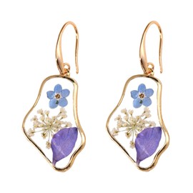 Blue Pink Dried Flowers Drop Dangle Earrings for Women Gold Plated Pressed Flower Dangling Earring Fashion Vintage Geometric Fish Hook Forgot-Me-Not Jewelry for Wedding Party (Irregular)