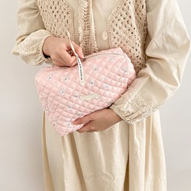 Rwoora Bolsa de maquillaje floral + 36 pinzas para el pelo, bonita bolsa de viaje de algodón para cosméticos, bolsa de almacenamiento portátil con cierre para mujer, bolsa de pañales para mamá, Conejito rosado