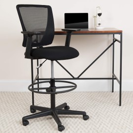 Flash Furniture Harper Ergonomic Mid-Back Mesh Drafting Chair with Black Fabric Seat, Adjustable Foot Ring and Adjustable Arms