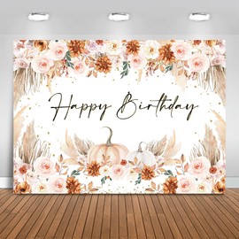 Fitumiw Pumpkin Birthday Backdrop 7x5ft Fall Pumpkins Boho Floral Happy Birthday Background Party Decorations Thanksgiving Autumn Leaves Pampas Grass Banner Photo Booth Props