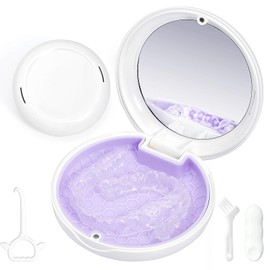 Gaboolo Retainer Case Slim Aligner Case with Vent Holes Cute Dental Brace Box with Retainer Removal Tool and Brush Compatible with Night Guard and Mouth Guard (White Purple)