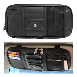 DXNQ Car Sun Visor Organizer, Double Zipper Leather Visor Storage Pouch with Multi-Pocket, Sunglass Holder Storage Pocket with Elastic Band for Cars SUVs Trucks, Car Accessories (Black)