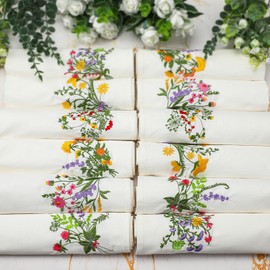 Tioncy 24 Pcs Elegant Floral Cloth Napkins Linen Embroidered Wildflower Tea Cocktail Dinner Napkins Bulk for Wedding Bridal Shower Party Housewarming Gifts Botanical Farmhouse Decor (White)