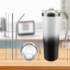 LSXD Termo para Café 720ml/24oz con Asa, Taza Térmico Acero Inoxidable de Doble Pared Aislada al Vacío,Vaso para Cafe Fría y Caliente con Tapa a Prueba de Fugas y Pajita y Cepillo de Lim piezar, Negro