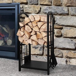 Amagabeli Firewood Rack Fireplace Tool Rack Indoor Wood Holders Fireplace Outdoor Log Holder Rack Lumber Storage Stacking Black Stove Wrought Iron Large Logs Bin Fireplace Tools Set Tongs Accessories